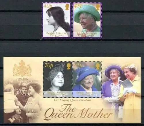 BAT Britische Antarktis 2002 Königinmutter Elisabeth Royals 334-335 Block 10 MNH