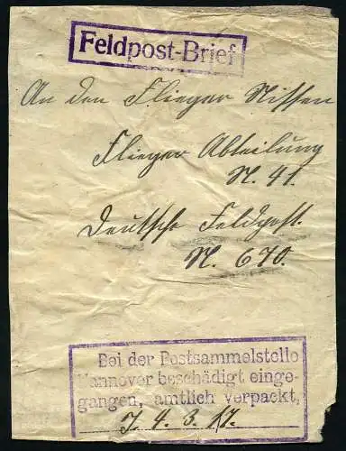 Dt. Militärmission Türkei 1917 Adressabschnitt amtlich verpackt Flieger / 123
