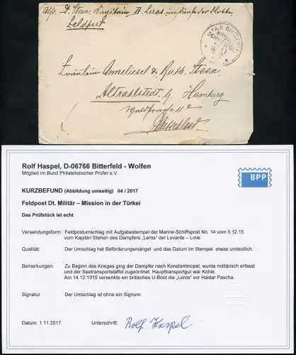Dt. Militärmission Türkei 1915 Brief Dampfer Leros via MSP 14 Hamburg BPP / 167