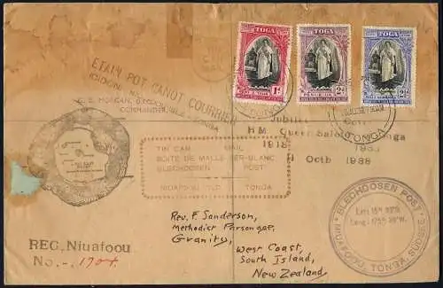 Tonga 1939 Tin Can Mail Blechdosenpost Reko-Brief Königin Salote Neuseeland /935