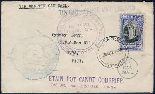 Tonga 1939 Tin Can Mail Blechdosenpost Brief Niuafo`ou Suva Fidschi / 936