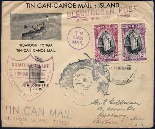 Tonga 1940 Tin Can Mail Blechdosenpost Brief Roxbury USA / 938
