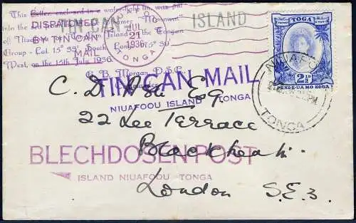 Tonga 1936 Tin Can Mail Blechdosenpost Brief Niuafo`ou London England / 940