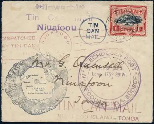 Tonga 1935 Tin Can Mail Blechdosenpost Brief nach Niuafo`ou Inlandspost / 943