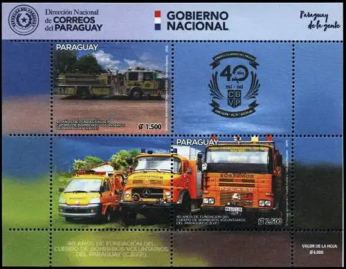 Paraguay 2018 Feuerwehr Fahrzeuge Mercedes Fire Brigade Block MNH
