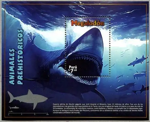 Peru 2023 Prähistorische Tiere Megalodon Hai Meerestiere Shark Block MNH