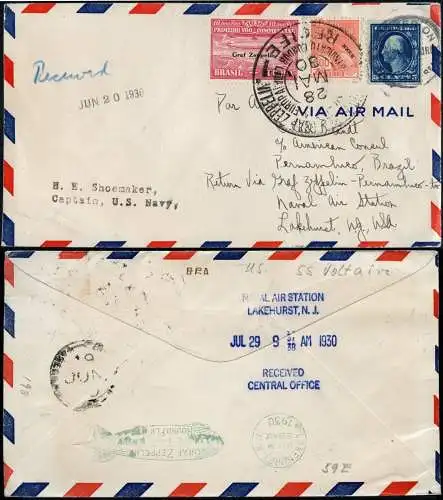 Zeppelin Brasilien 1930 1. SAF Zp 5 + US Seepost USS Voltaire Si 59 E / 1244 RAR