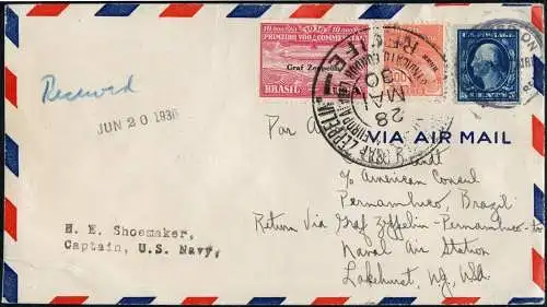 Zeppelin Brasilien 1930 1. SAF Zp 5 + US Seepost USS Voltaire Si 59 E / 1244 RAR