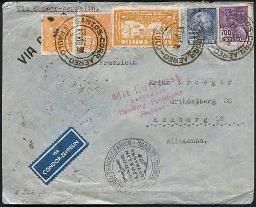 Zeppelin Brasilien 1934 5. SAF MiF aus Santos nach Hamburg Si 266 A / 1468