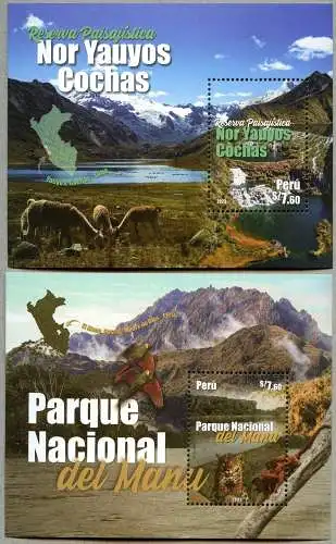 Peru 2023 Naturparks Tiere Berge Gebirge Papageien Wildkatze Blocks MNH