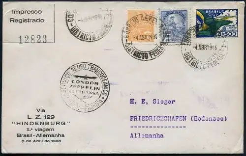 Zeppelin Brasilien 1936 1. SAF LZ 129 Reko-Brief Rio Friedrichshafen Si 404/1957