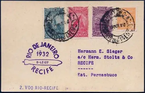 Zeppelin Brasilien 1932 8. SAF Etappenpost Rio Recife Postkarte Si 190 Eb / 1982