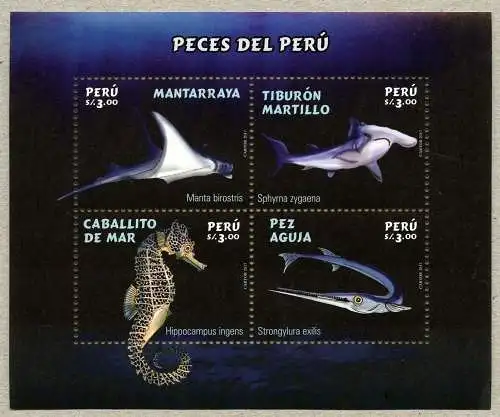 Peru 2017 Block Fische Rochen Hai Seepferdchen Hornhecht Shark MNH
