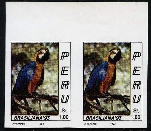 Peru 1993 AMIFIL Ararauna Vogel Manu-Reservat 1495 U Imperf Paar MNH / 501