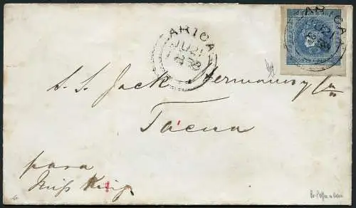 Peru 1858 Brief 1 Dinero EF Britische Auslandspost Arica nach Tacna / 25 RAR