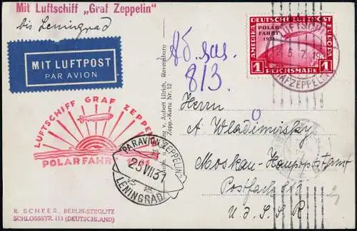 Zeppelin 1931 Dt. Reich Polarfahrt Bordpost 25.7. Leningrad Moskau Si 119 B/2333