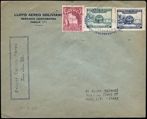 Bolivien Bolivia 1929 Erstflugbrief Early First Flight Cover Rom Italien / 93