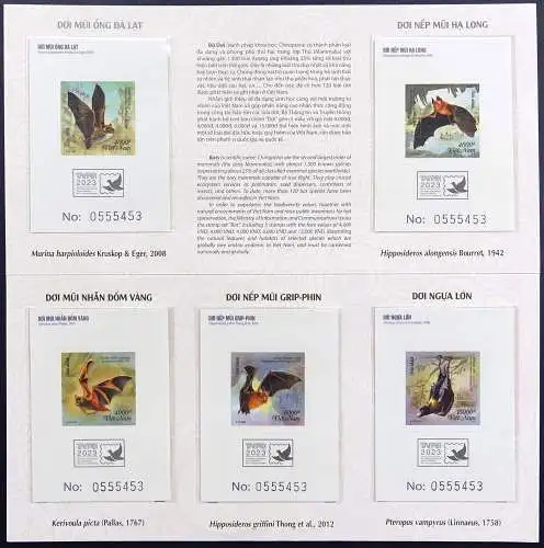 Vietnam 2023 Fledermäuse Bats Deluxe-Blocks 212-216 Auflage 555 im Folder MNH