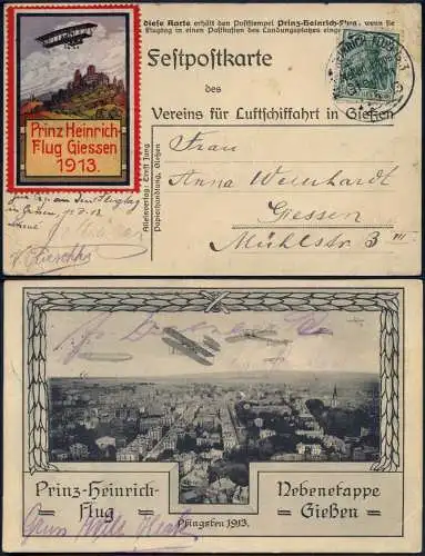Flugpost 1913 Dt. Reich Fest-Postkarte Prinz-Heinrich-Flug + Vignette Gießen/587