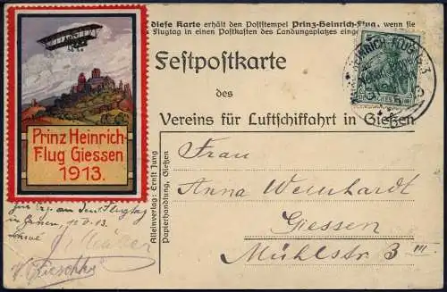 Flugpost 1913 Dt. Reich Fest-Postkarte Prinz-Heinrich-Flug + Vignette Gießen/587
