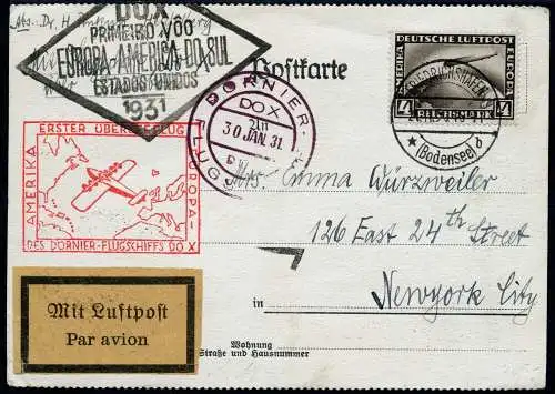 Dt. Reich 1931 DO-X 1. Überseeflug EF 4 RM New York USA Postkarte 7 b DOX/ 1034