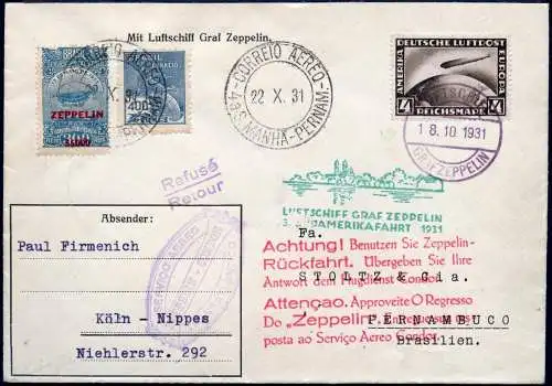 Zeppelin 1931 Dt. Reich 3. SAF Hin- und Rückfahrt MiF Brasilien Si 133 D / 2380