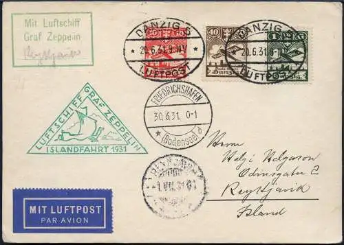 Zeppelin Danzig 1931 Islandfahrt Karte Friedrichshafen Reykjavik Si 113 / 1944