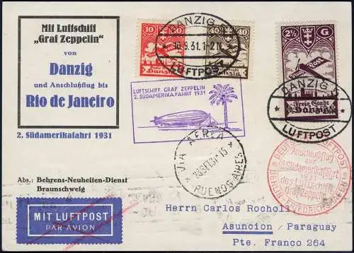 Zeppelin 1931 Danzig 2. SAF Anschluss Berlin Argentinien Paraguay Si 129 / 2265