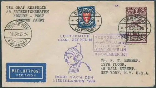 Zeppelin Danzig 1930 Fahrt Niederlande Zuleitungspost Brief USA Si 98 / 1936