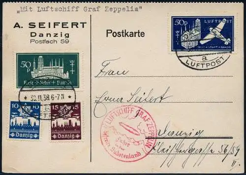 Zeppelin Danzig 1938 Sudetenlandfahrt LZ 130 Zuleitungspost MiF Si 456 / 1950