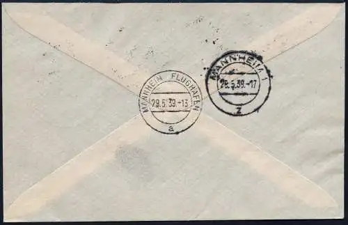 Flugpost 1939 Dt. Reich Reko-Brief Frankfurt Rhein-Main nach Mannheim / 647