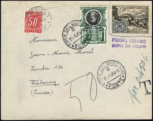 Vatikan 1954 Nachporto-Brief Michel 188 Marke Ungültig Fribourg Schweiz Tax /857