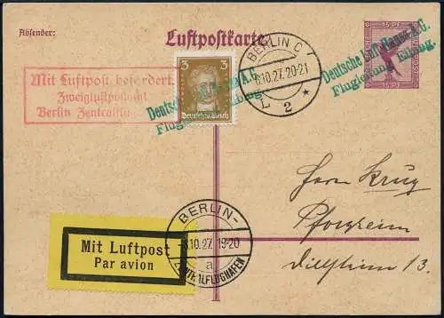 Dt. Reich 1927 Flugleitung Elbing Deutsche Lufthansa Ganzsache Pforzheim / 600