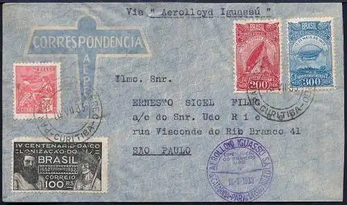 Brasilien 1933 Aerolloyd Iguassu Erstflugbrief Curitiba Sao Paulo / 944