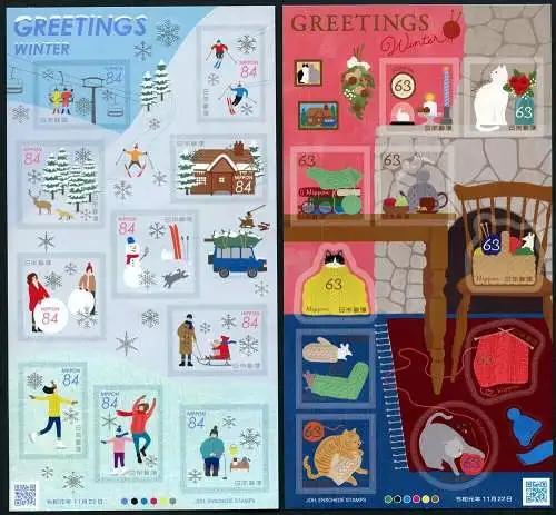 Japan 2019 Grußmarken Winter Wintersport Schneemann Strickwaren Katze MNH
