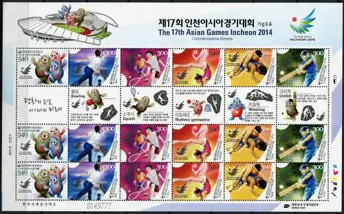 Korea Süd 2014 Asienspiele Sport Sports Squash Ringen Cricket 3004-3009 MNH