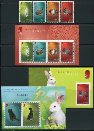 Hongkong 2011 Jahr des Hasen Rabbit Zodiac Gold Silber 1595-98 Block 221-223 MNH