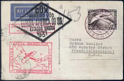 Dt. Reich 1931 DO-X AK 1. Überseeflug EF 4 RM Südamerikafahrt USA 24 c DOX/ 1020