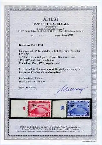 Dt. Reich 1931 Polarfahrt 456 I-457 I Ohne Bindestrich Ungebraucht Attest BPP/4