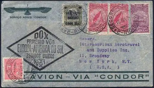 DO-X 1931 Brasilien Brief MiF Rio 4.8.31 New York USA Harms 45 c DOX/ 973