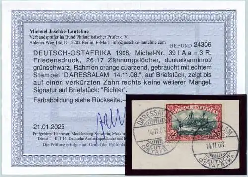 DOA 1908 Briefstück ° Daressalam 14/11/08 Michel 39 I Aa Befund BPP / 298
