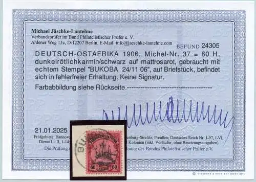 DOA 1906 Briefstück ° Bukoba 24/11/06 Michel 37 Befund Jäschke-Lantelme BPP/ 297