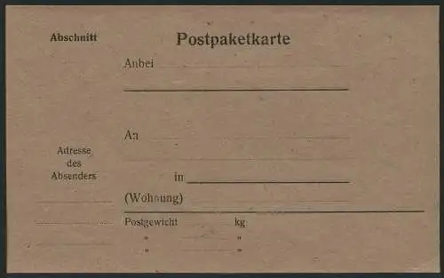 154/DOA 1916 Not-Postpaketkarte auf Packpapier Ungebraucht *