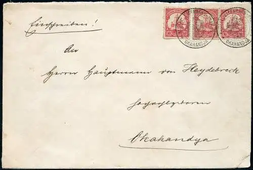 DSWA 1901 Bahnpostbrief mit 3x 10 Pf ° Eisenbahn-Stationsstempel Okahandja / 80