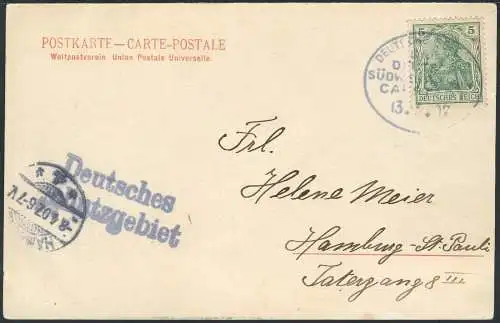 DSWA 1907 AK via Seepost Linie Capstadt II nach Hamburg Attest Steuer / 83 RAR