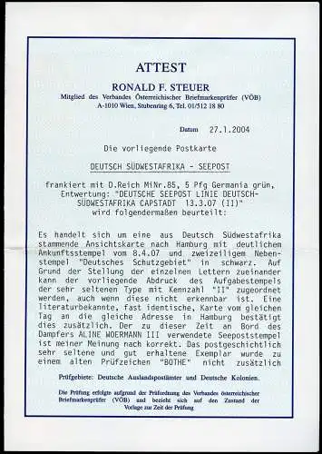 DSWA 1907 AK via Seepost Linie Capstadt II nach Hamburg Attest Steuer / 83 RAR