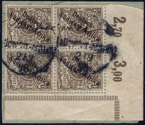 DSWA 1898 Michel 1 a Block/4 Eckrand ° Khanrivier 2/9/98 Luxus Briefstück / 195