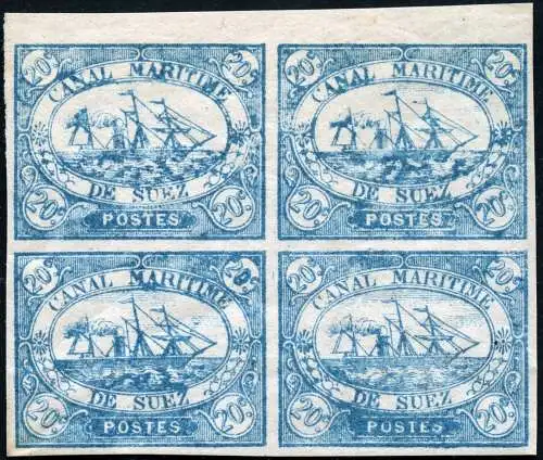 Ägypten 1868 Suez-Kanal-Gesellschaft 20C blau Schiff Block/4 MNH Attest Bolaffi