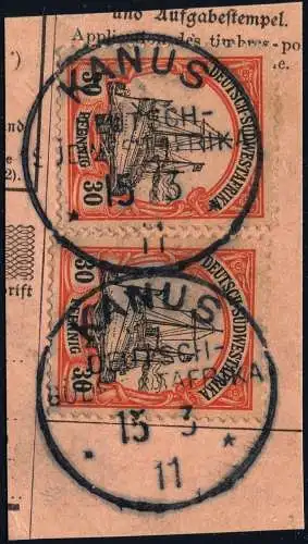 DSWA 1911 Michel 16 2x ° Kanus 15/3/11 Luxus Briefstück/Postanweisung / 149