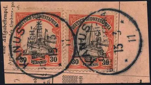 DSWA 1911 Michel 16 2x ° Kanus 15/3/11 Luxus Briefstück/Postanweisung / 149